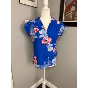 Hilo Hattie Hawaiian Shirt Womens Small Blue Floral Tropical Camp Blouse P17207